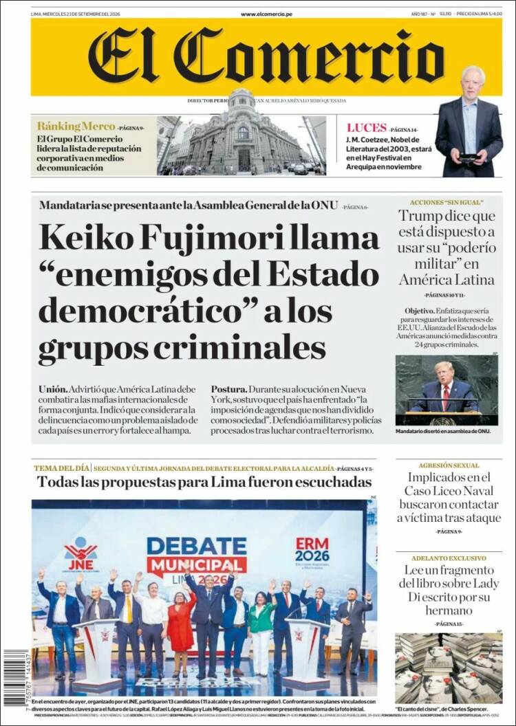 Portada de El Comercio (Per&uacute;)