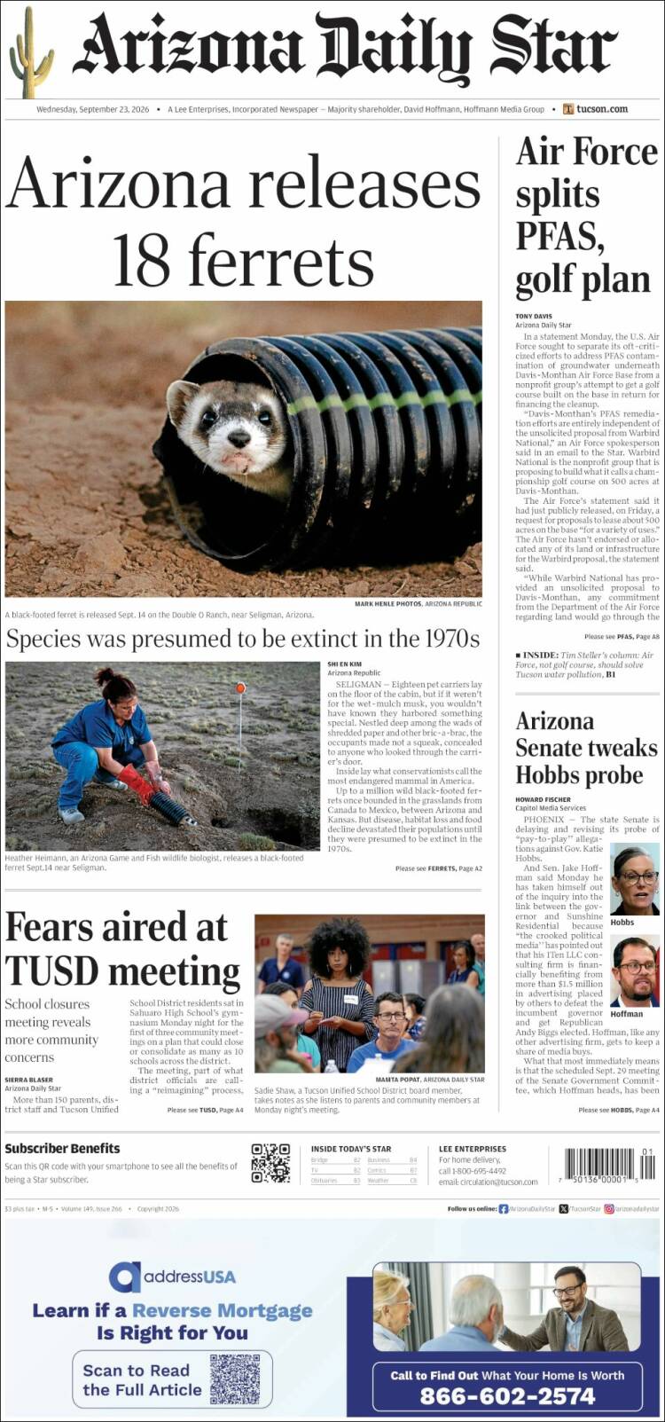 Portada de Arizona Daily Star (USA)