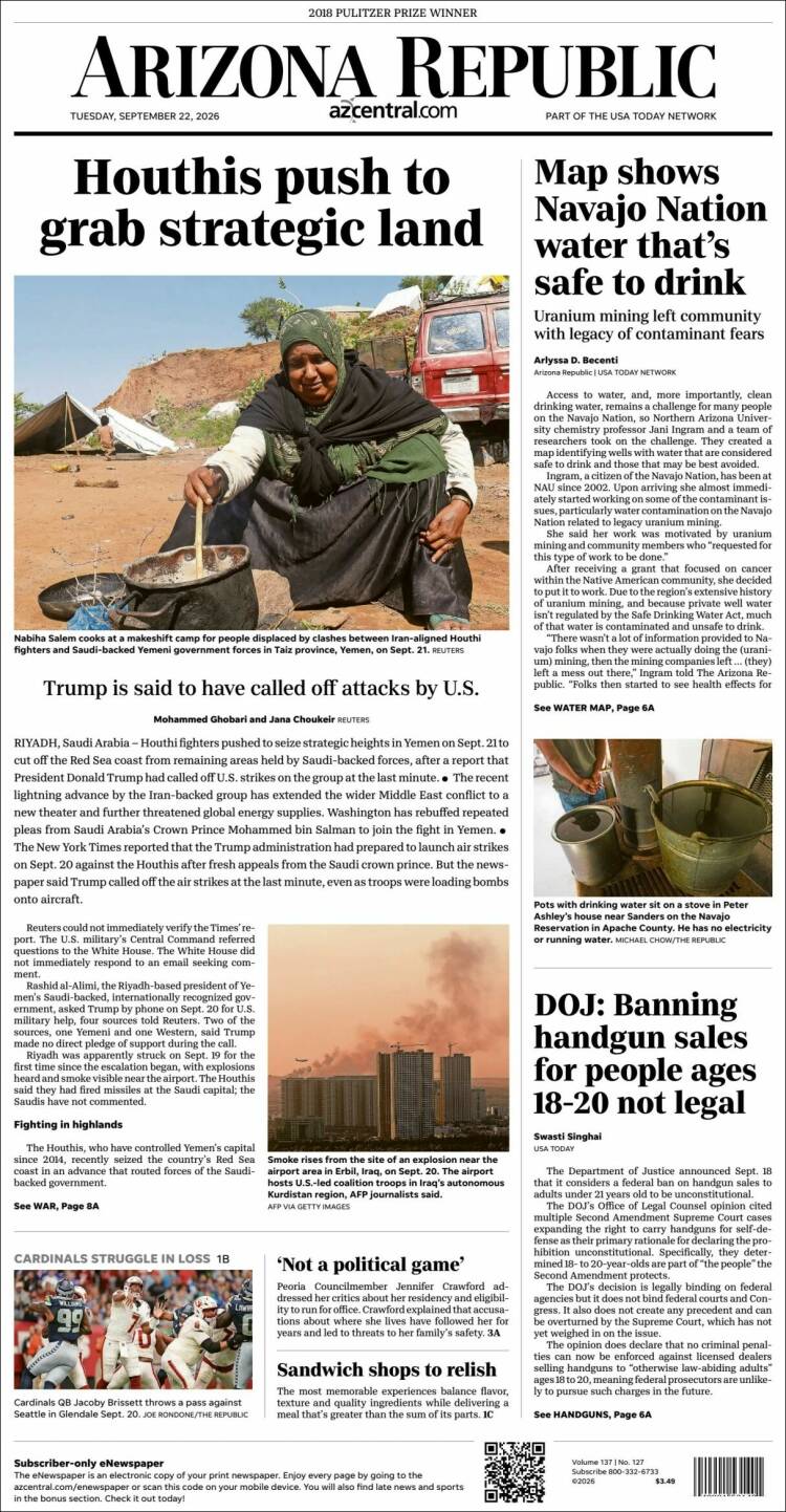 Portada de Arizona Republic News (USA)