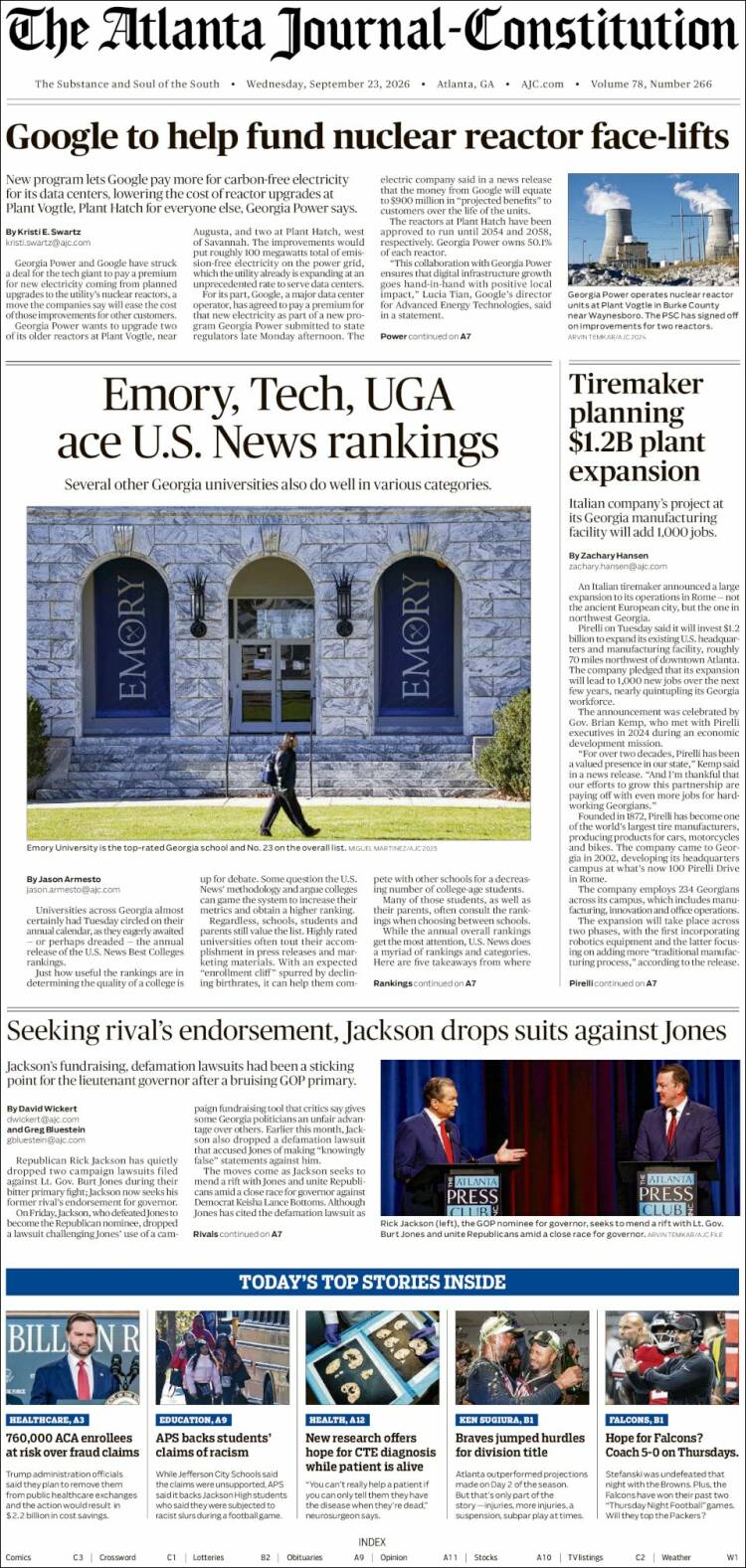 Portada de The Atlanta Journal-Constitution (USA)