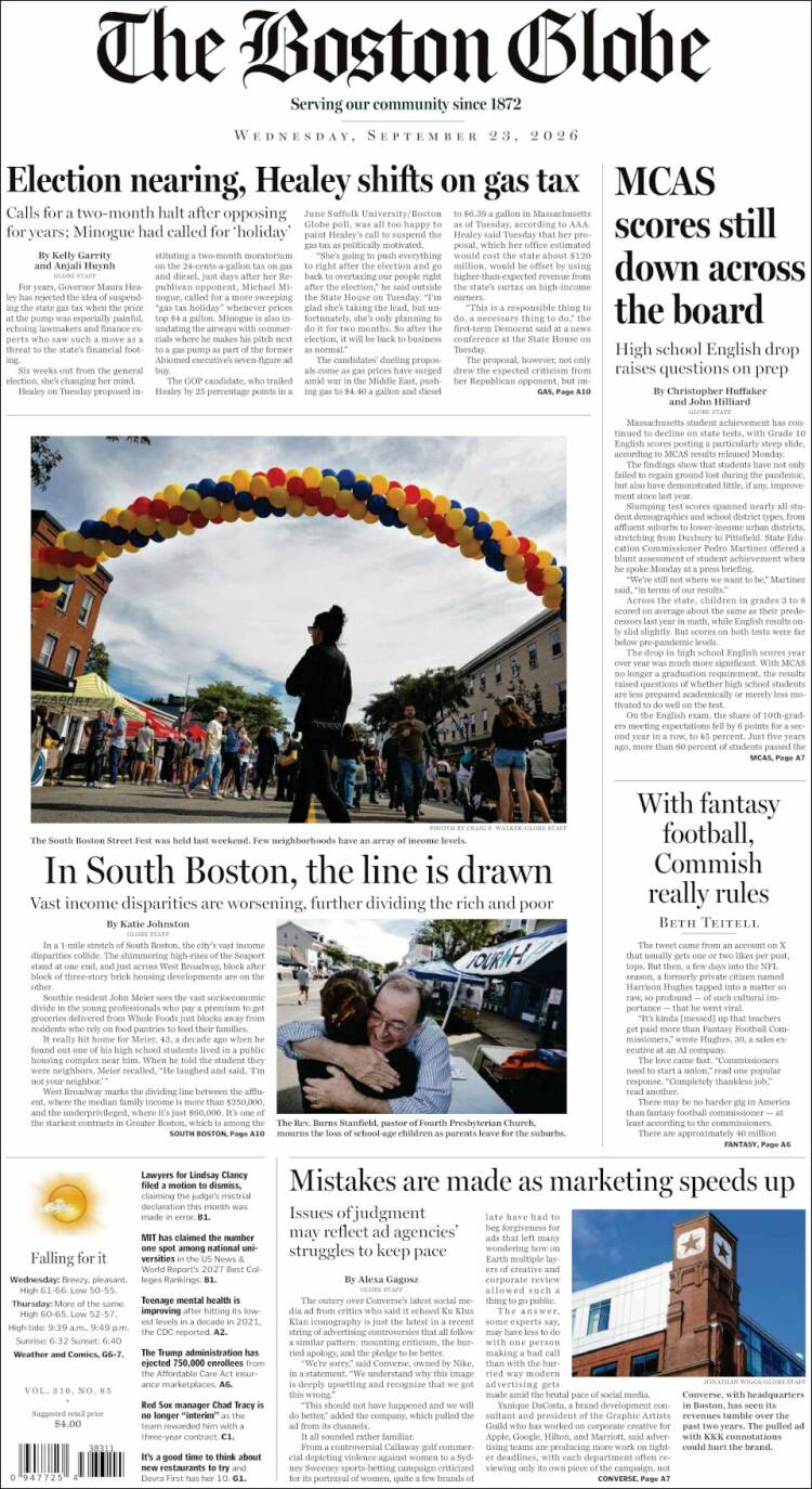 Portada de Boston Globe (USA)