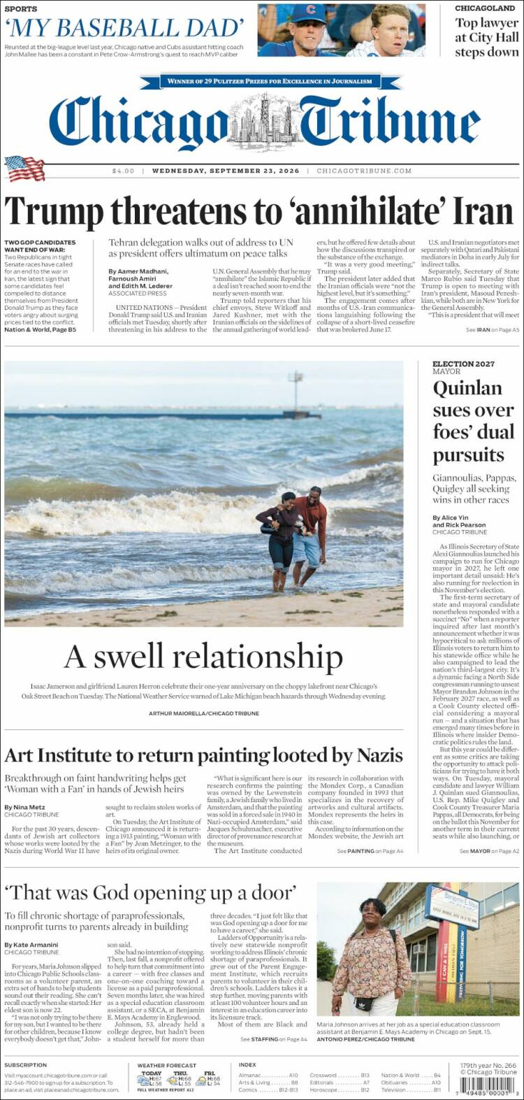 Portada de Chicago Tribune (USA)