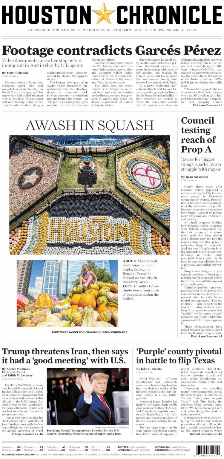 Portada de Houston Chronicle (USA)