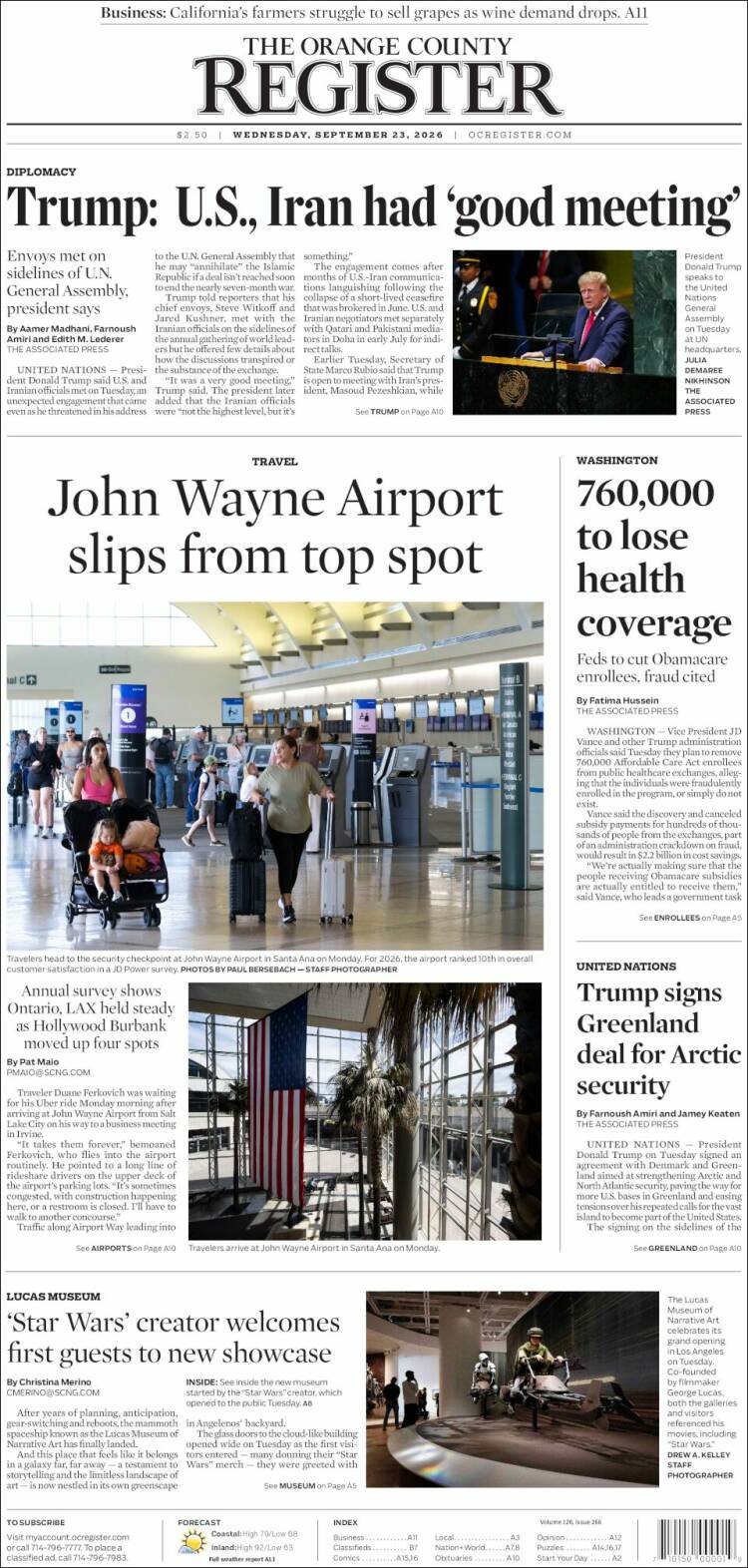 Portada de The Orange County Register (USA)