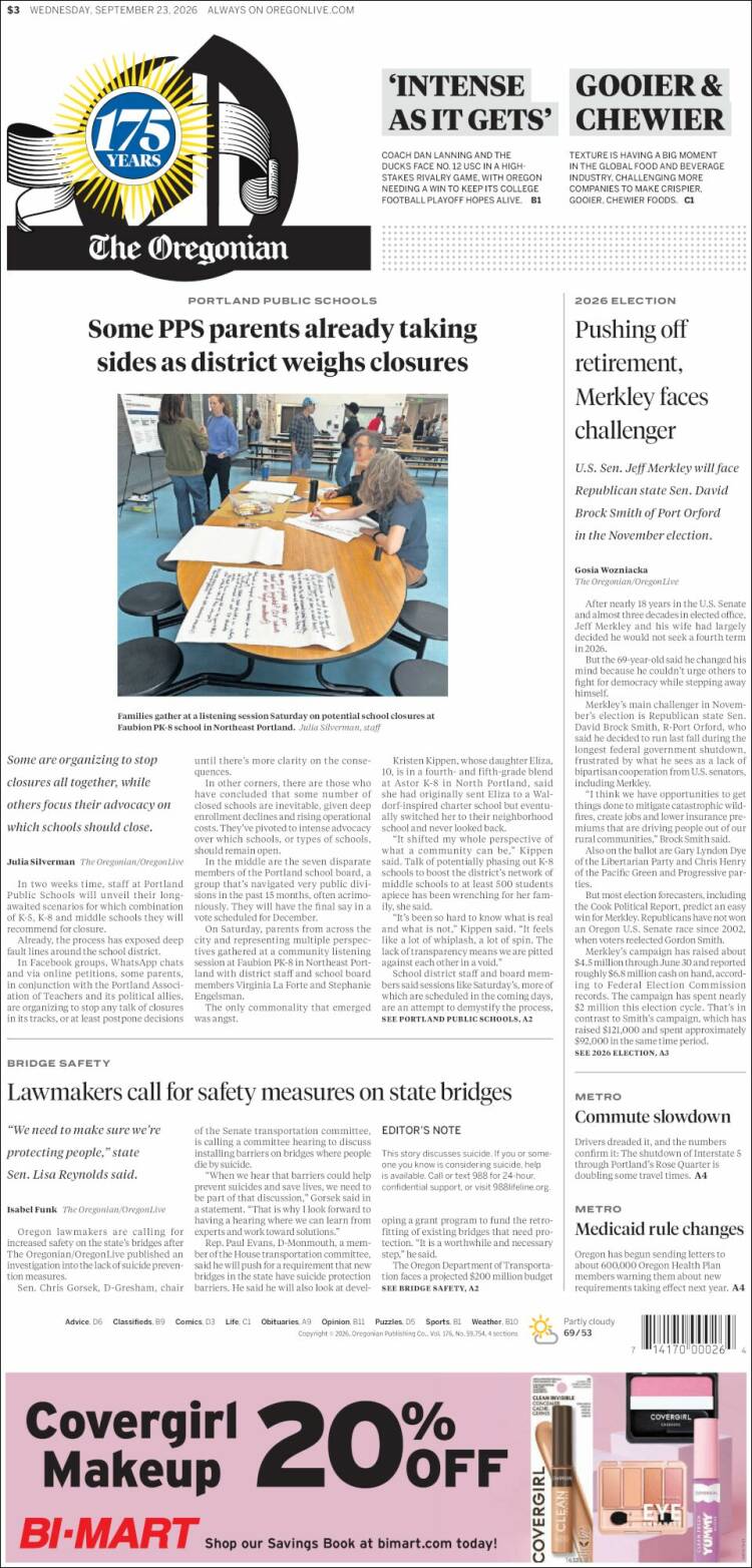 Portada de The Oregonian (USA)