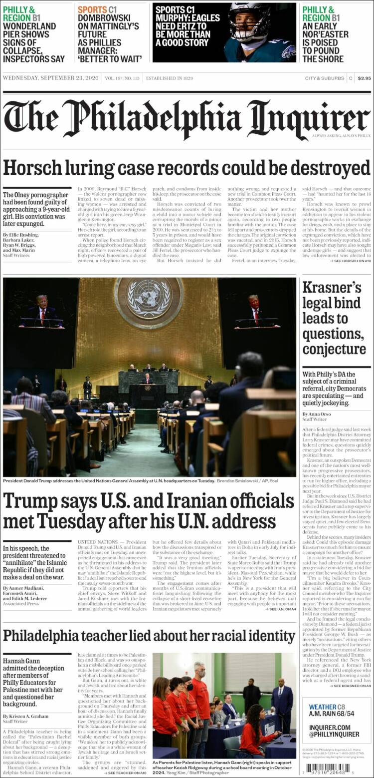 Portada de Philadelphia Inquirer (USA)