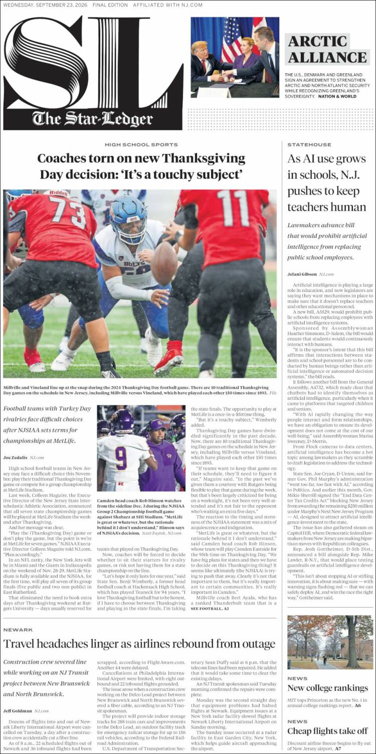 Portada de Star-Ledger (USA)