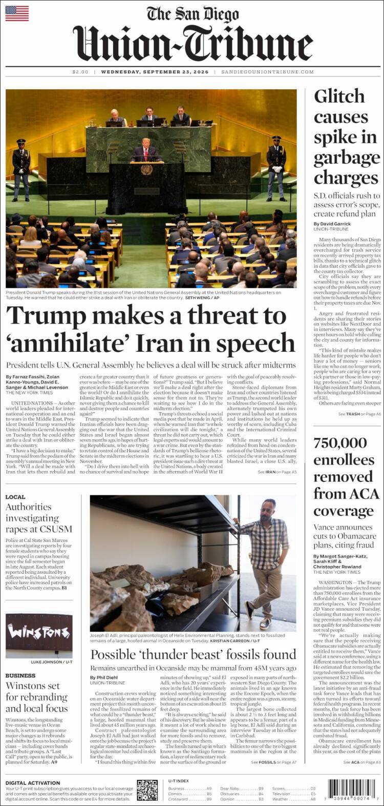 Portada de The San Diego Union-Tribune (USA)