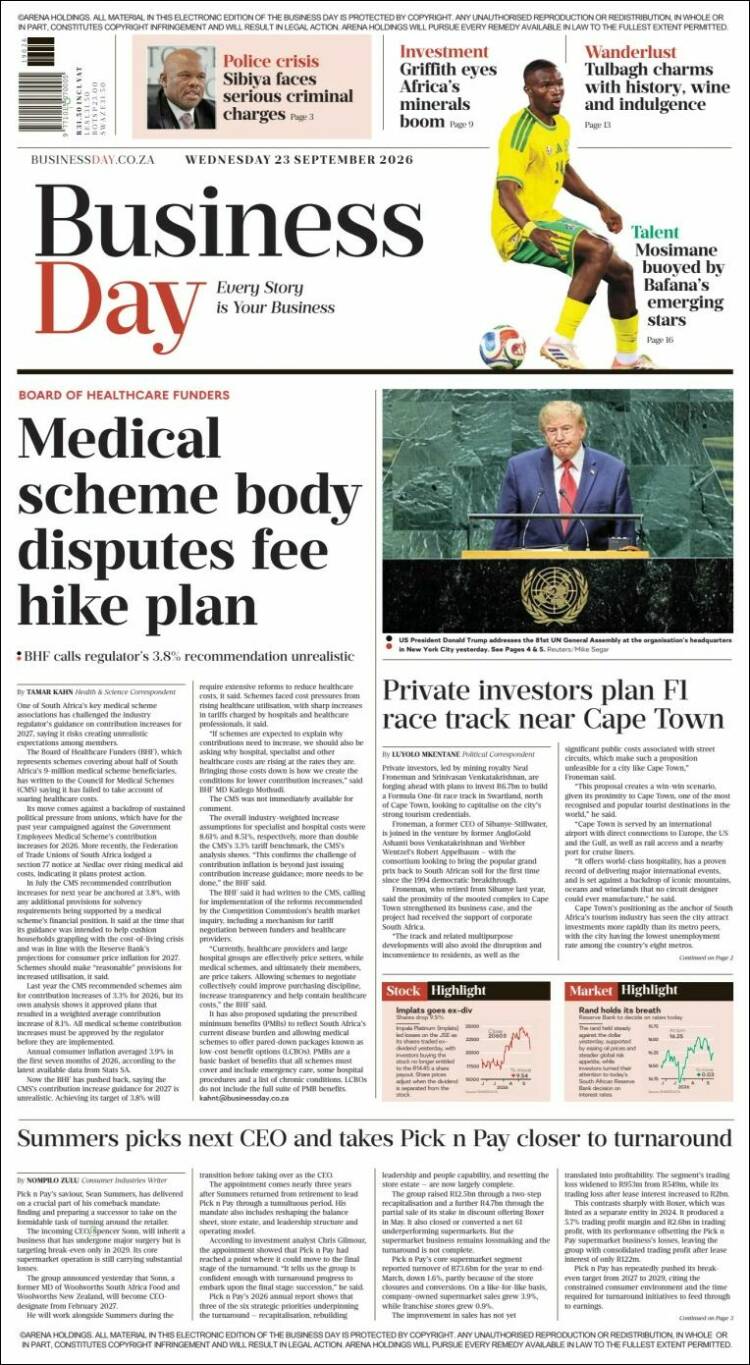 Portada de Business Day (Sud&aacute;frica)
