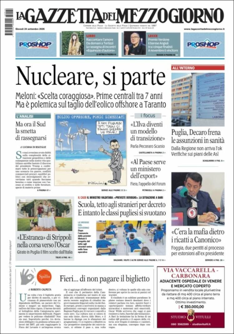 Portada de La Gazzetta del Mezzogiorno (Italia)