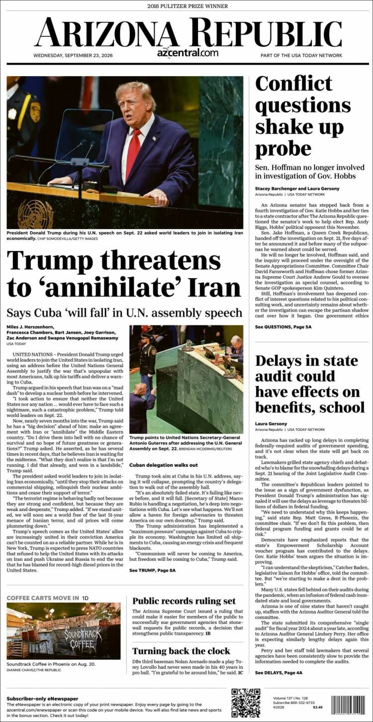 Portada de Arizona Republic News (&Eacute;tats-Unis)