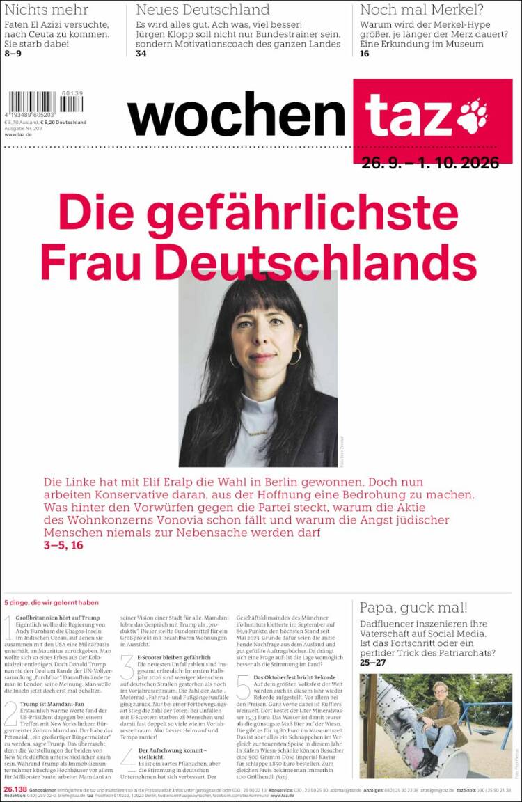 Portada de Die Tageszeitung (Alemania)