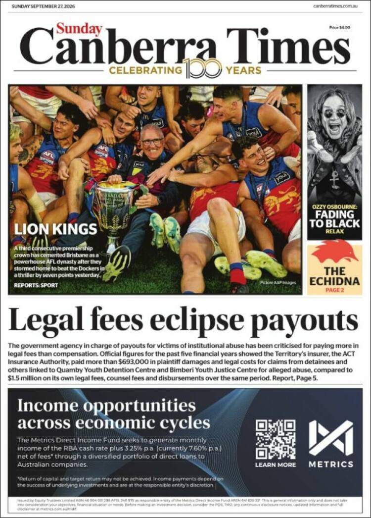 Portada de The Canberra Times (Australia)