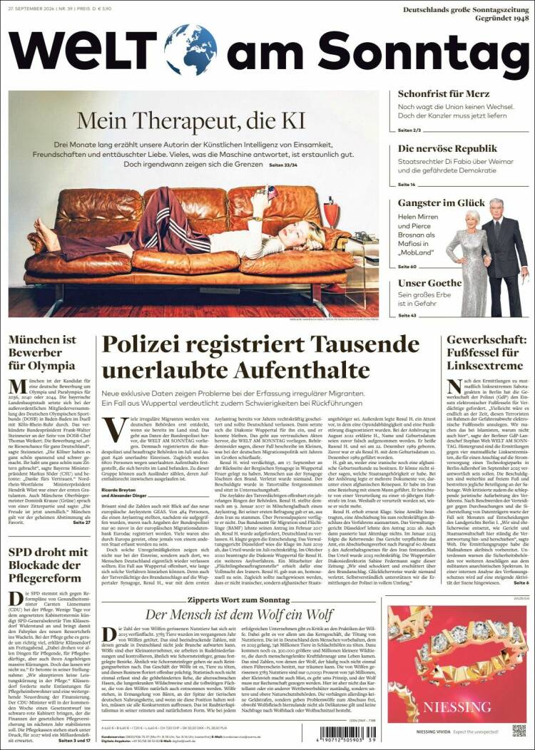 Portada de Die Welt (Alemania)