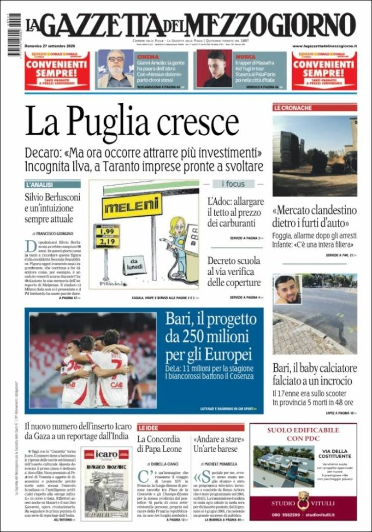 Portada de La Gazzetta del Mezzogiorno (Italia)