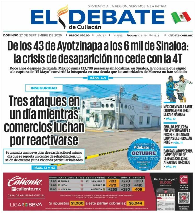 Portada de El Debate de Culiacán (M&eacute;xico)