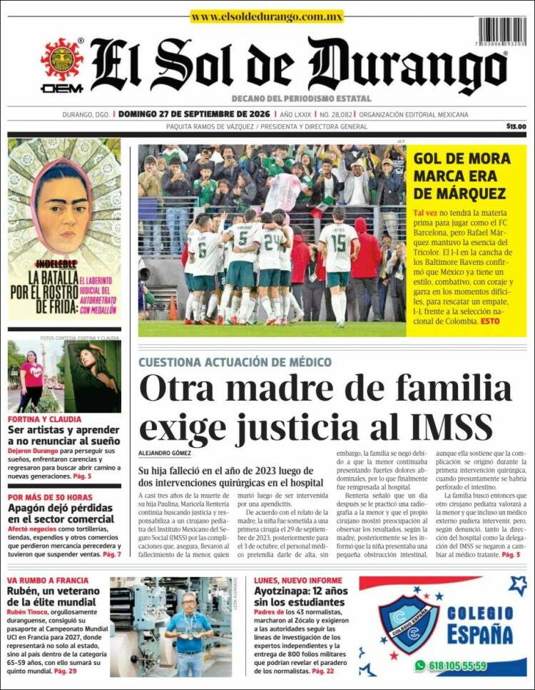 Portada de El Sol de Durango (M&eacute;xico)
