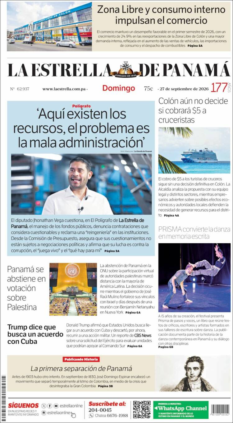 Portada de La Estrella de Panamá (Panam&aacute;)