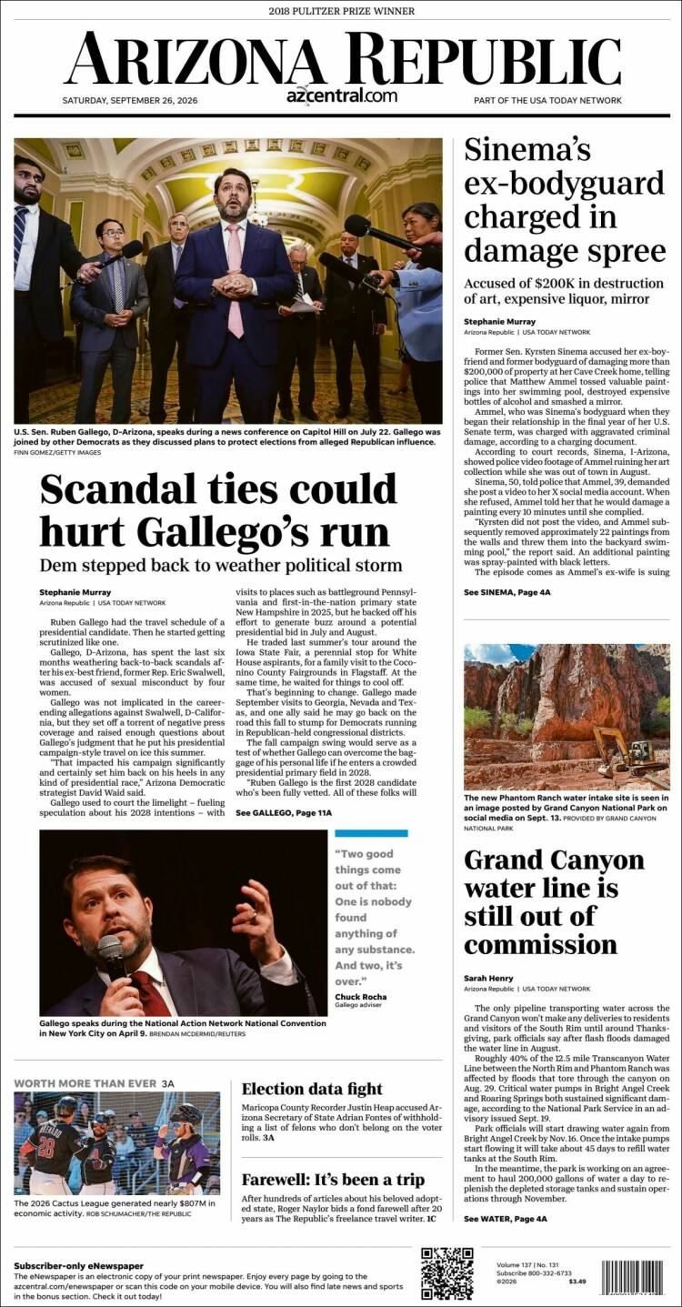 Portada de Arizona Republic News (USA)