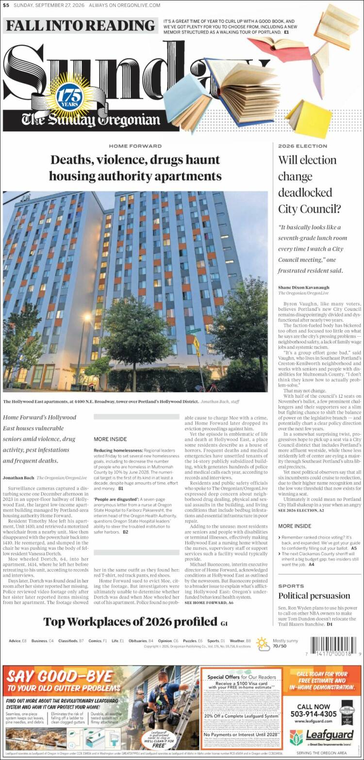 Portada de The Oregonian (USA)