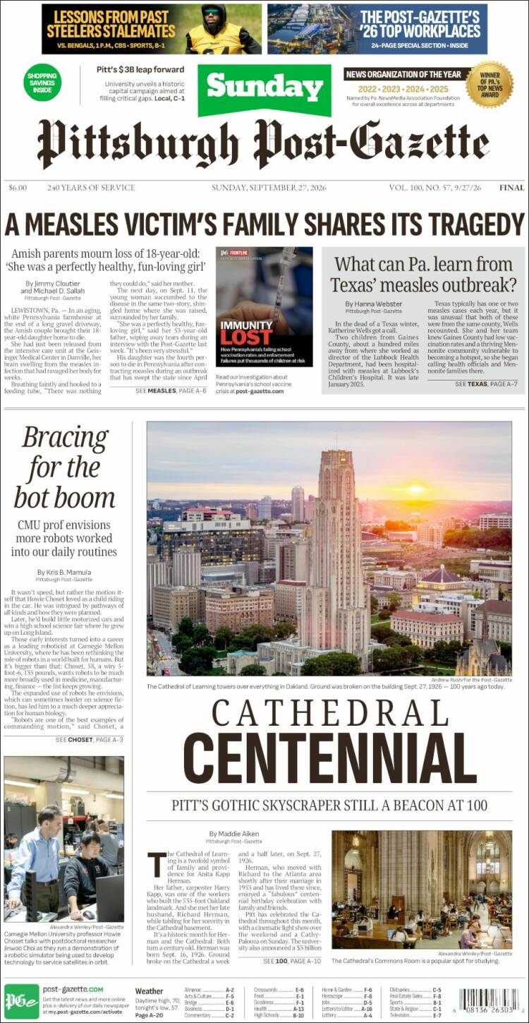 Portada de Pittsburgh Post-Gazette (USA)