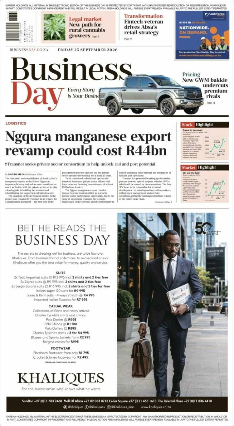 Portada de Business Day (Sud&aacute;frica)