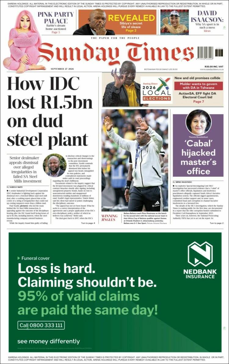 Portada de The Times (Sud&aacute;frica)