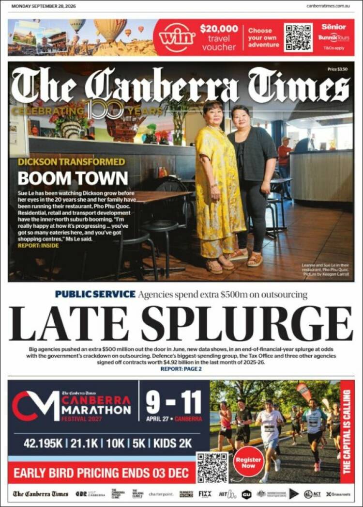 Portada de The Canberra Times (Australia)