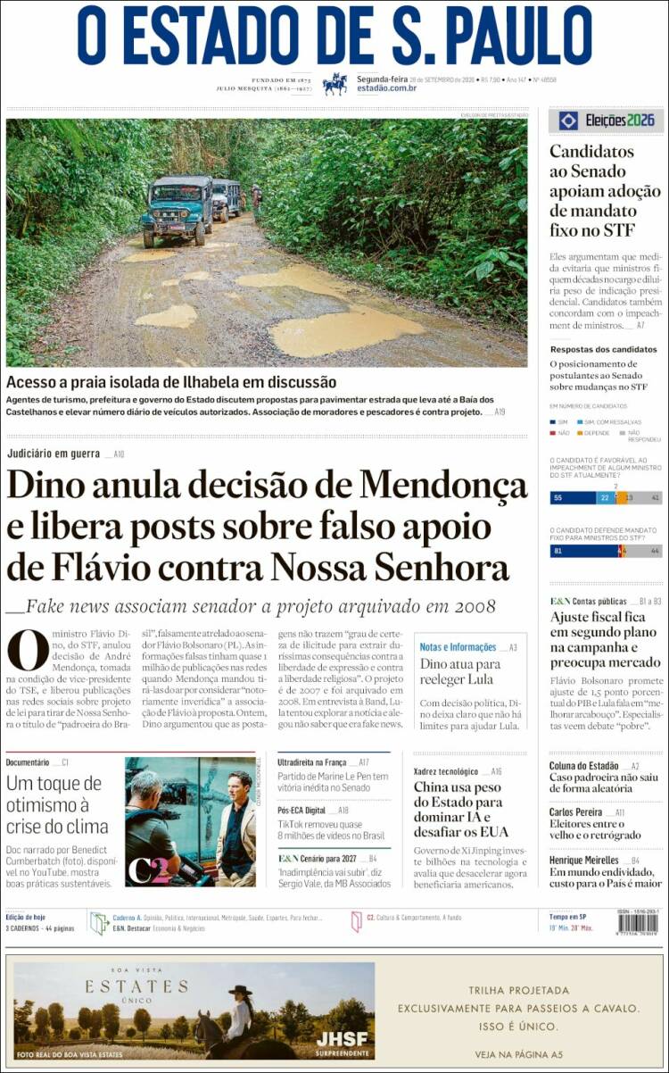 Capa do jornal Estadao de 28/09/2026