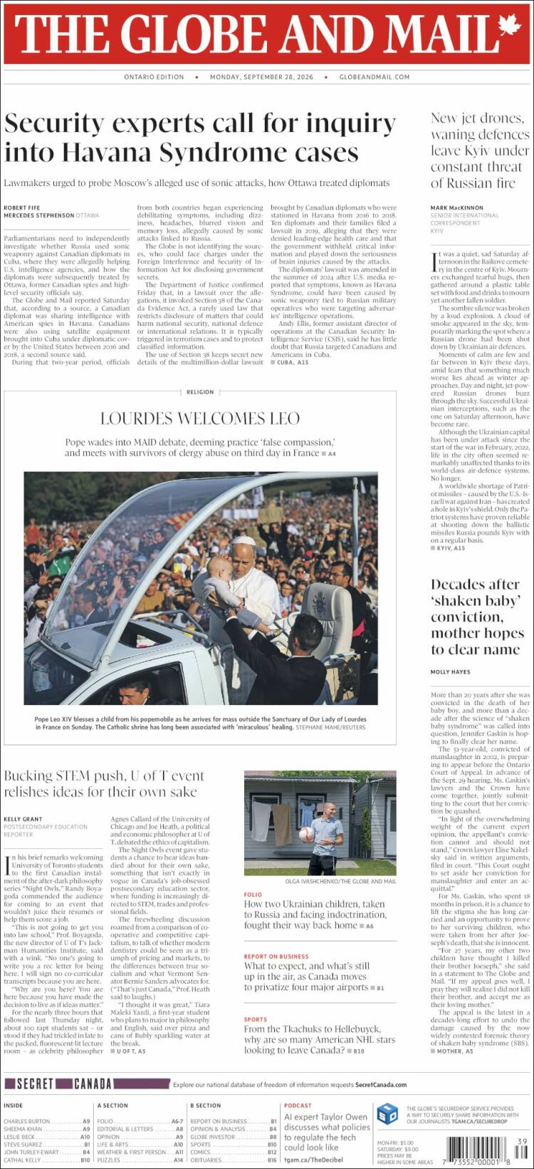Portada de The Globe and Mail (Canad&aacute;)