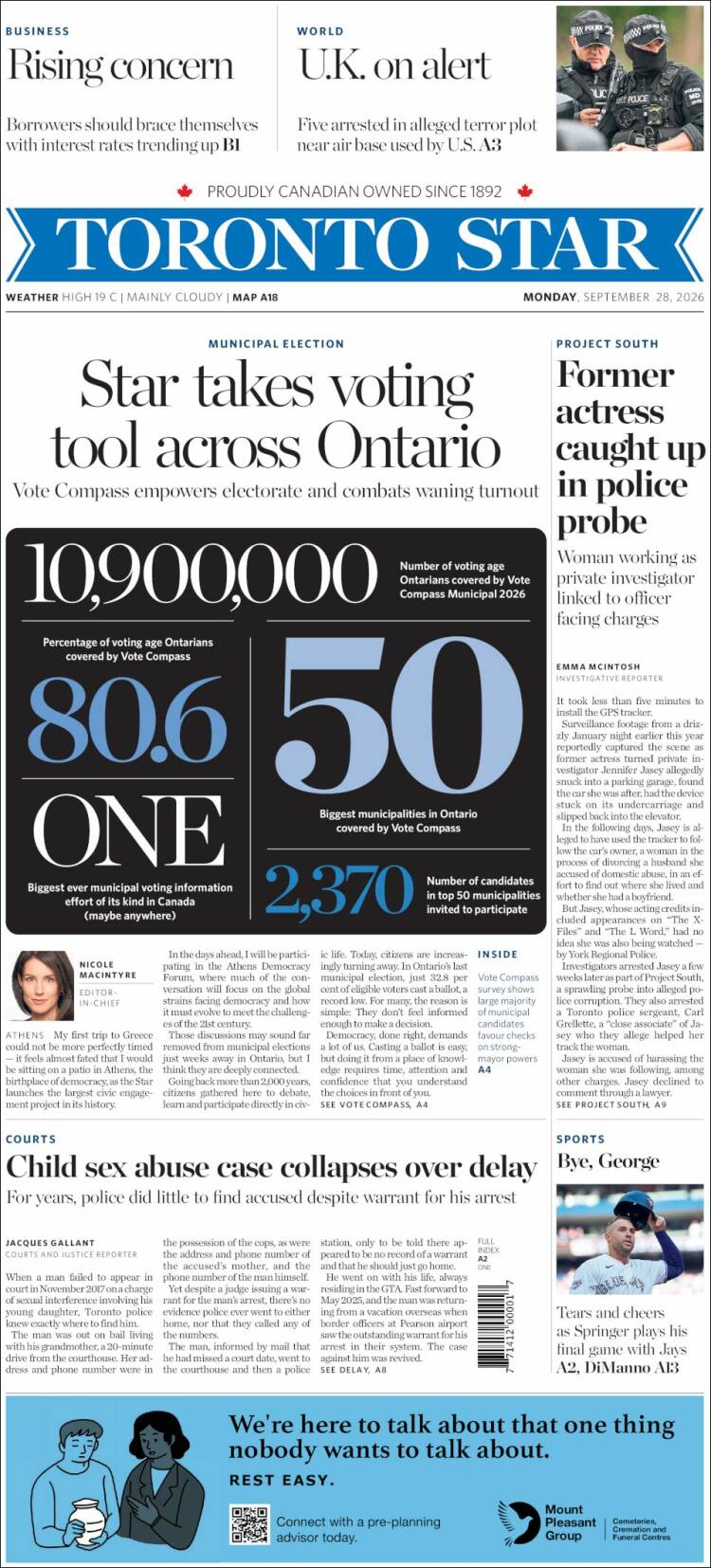 Portada de The Toronto Star (Canada)