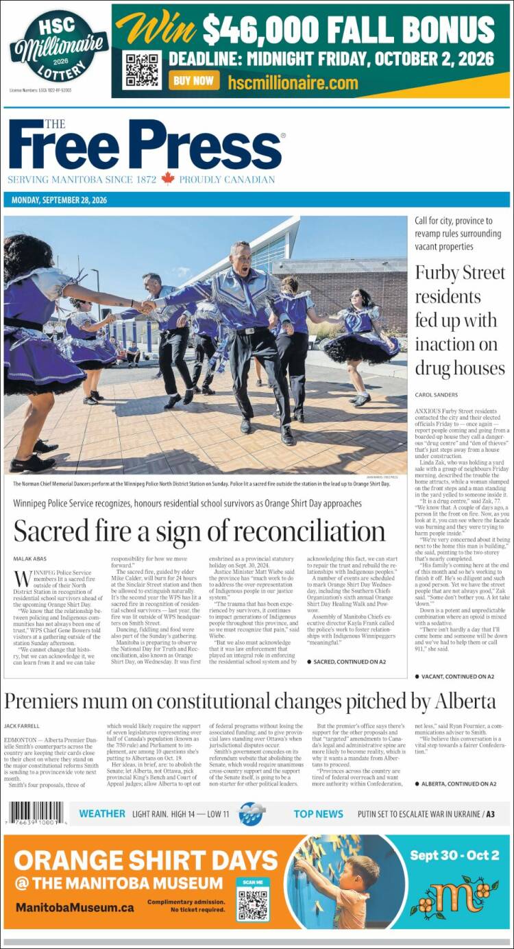 Portada de Winnipeg Free Press (Canad&aacute;)