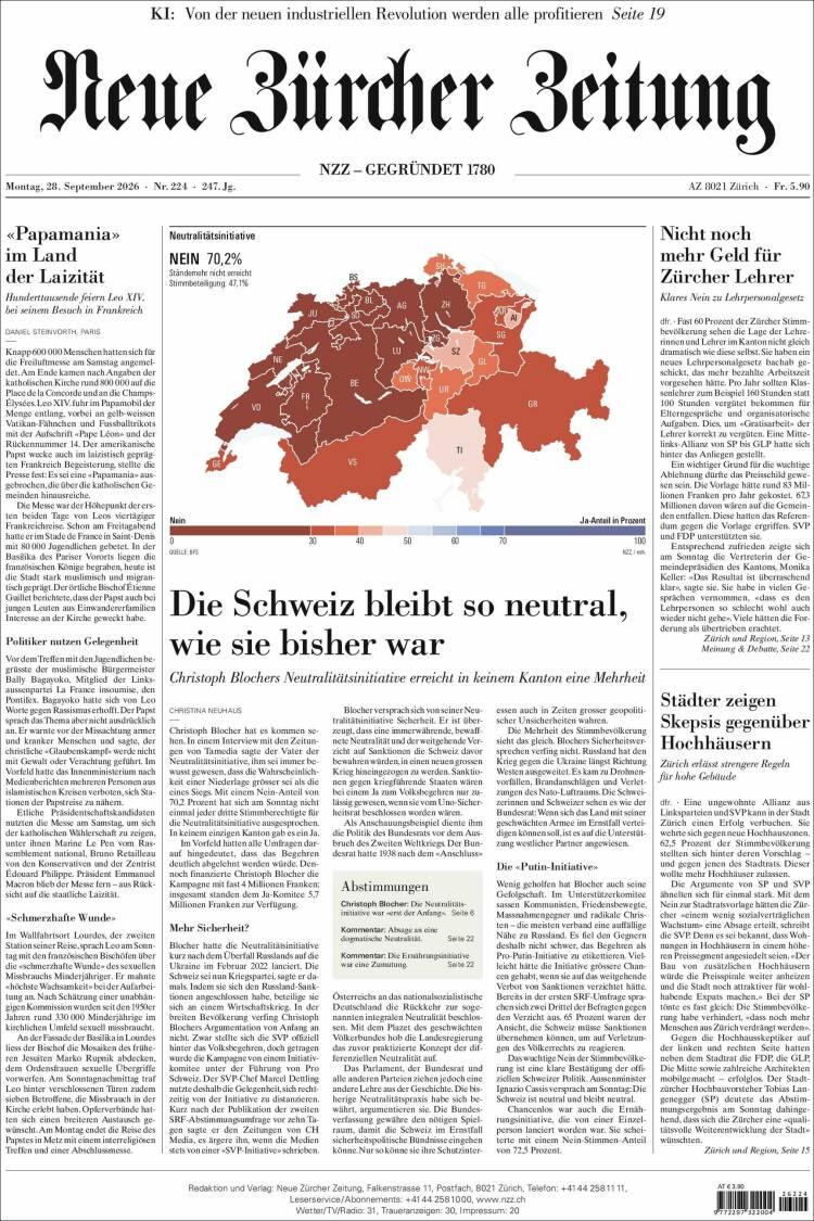 Portada de Neue Zürcher Zeitung (Suiza)