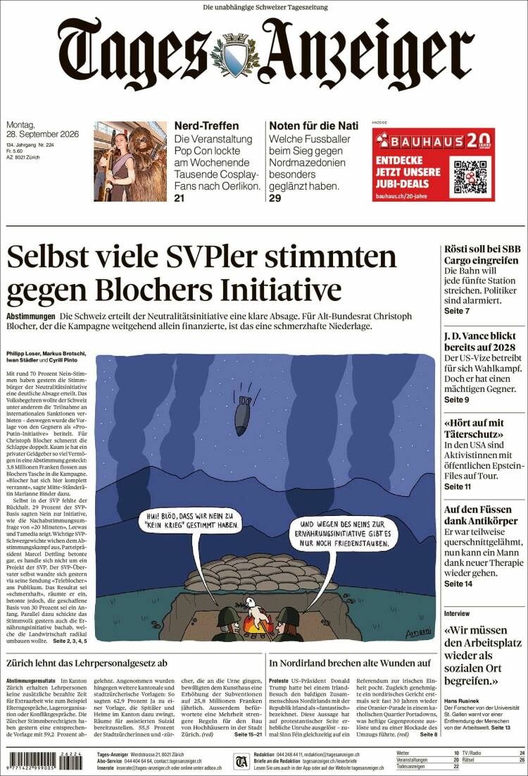 Portada de Tages-Anzeiger (Suiza)