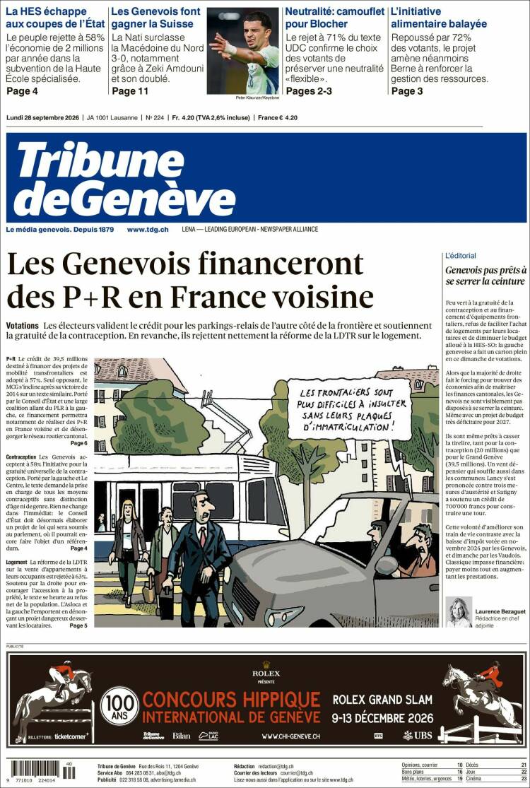 Portada de La Tribune de Genève (Suiza)