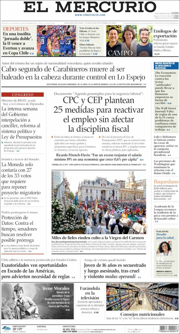 Portada del diario El Mercurio del 28/09/2026