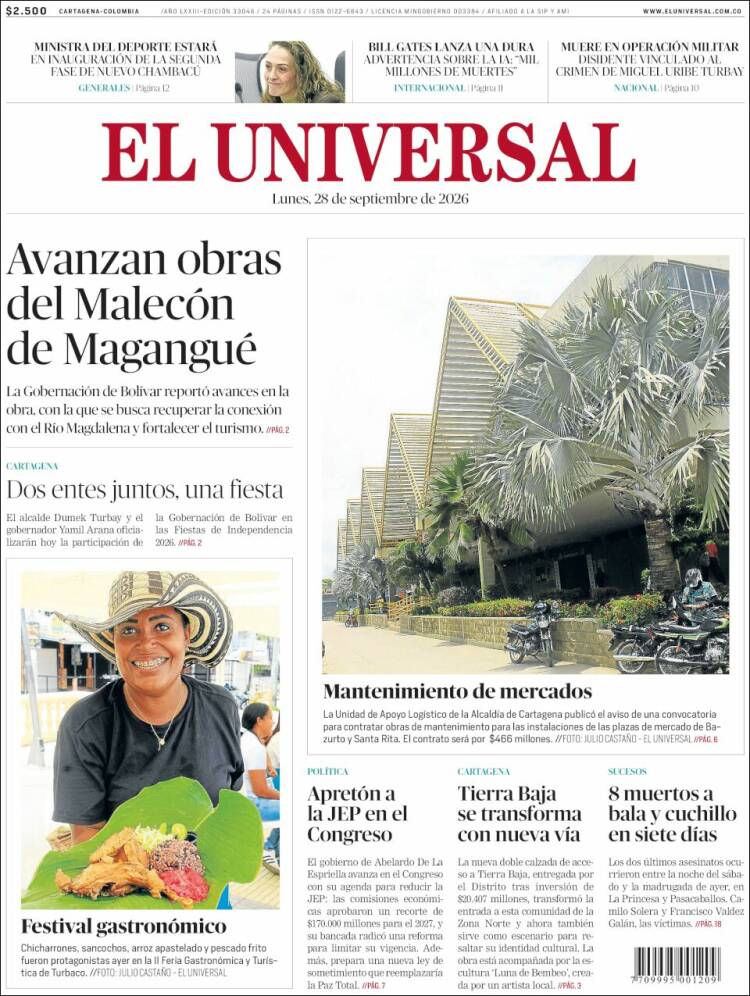 Portada de El Universal (Colombia)