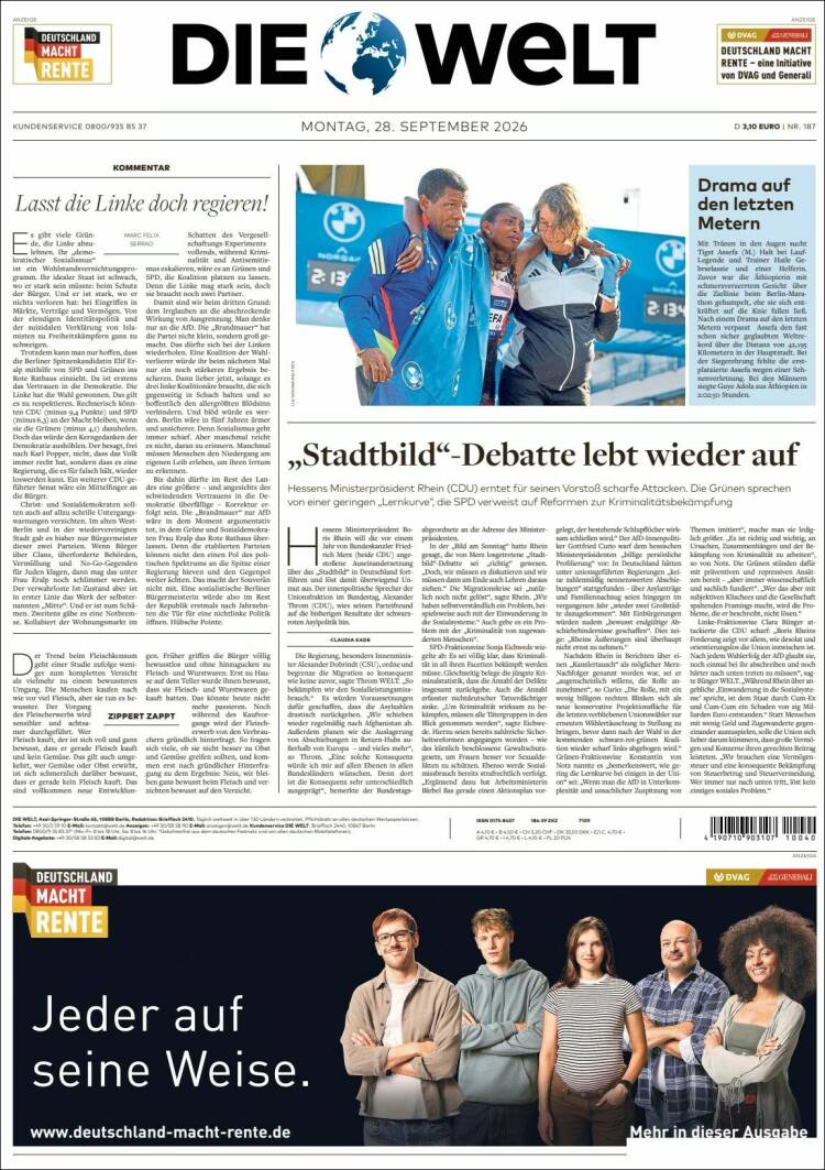 Portada de Die Welt (Alemania)