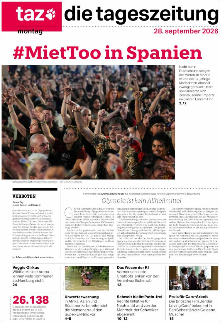 Portada de Die Tageszeitung (Alemania)