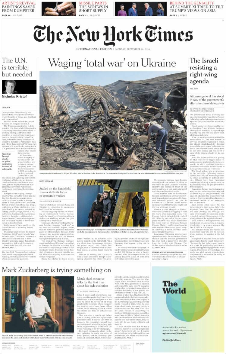 Portada de International New York Times (Europe)