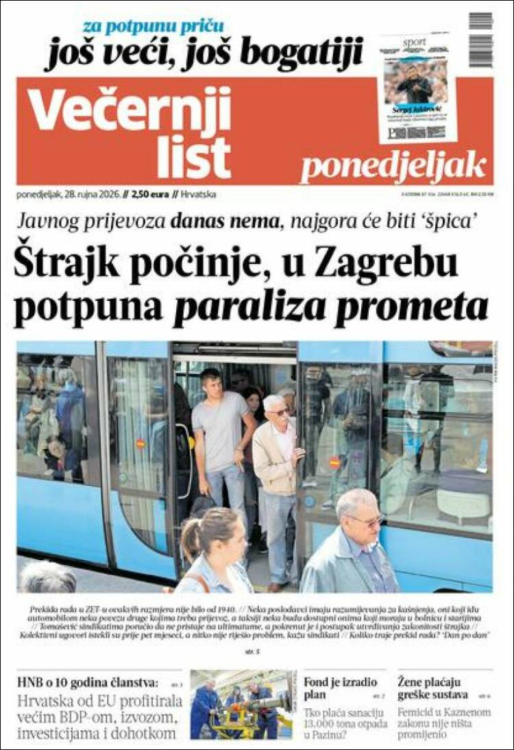 Portada de Večernji (Croacia)