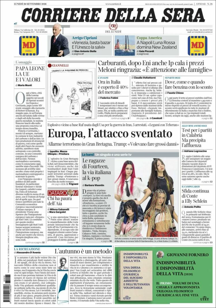 Portada de Corriere della Sera (Italia)