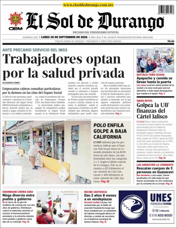 Portada de El Sol de Durango (M&eacute;xico)