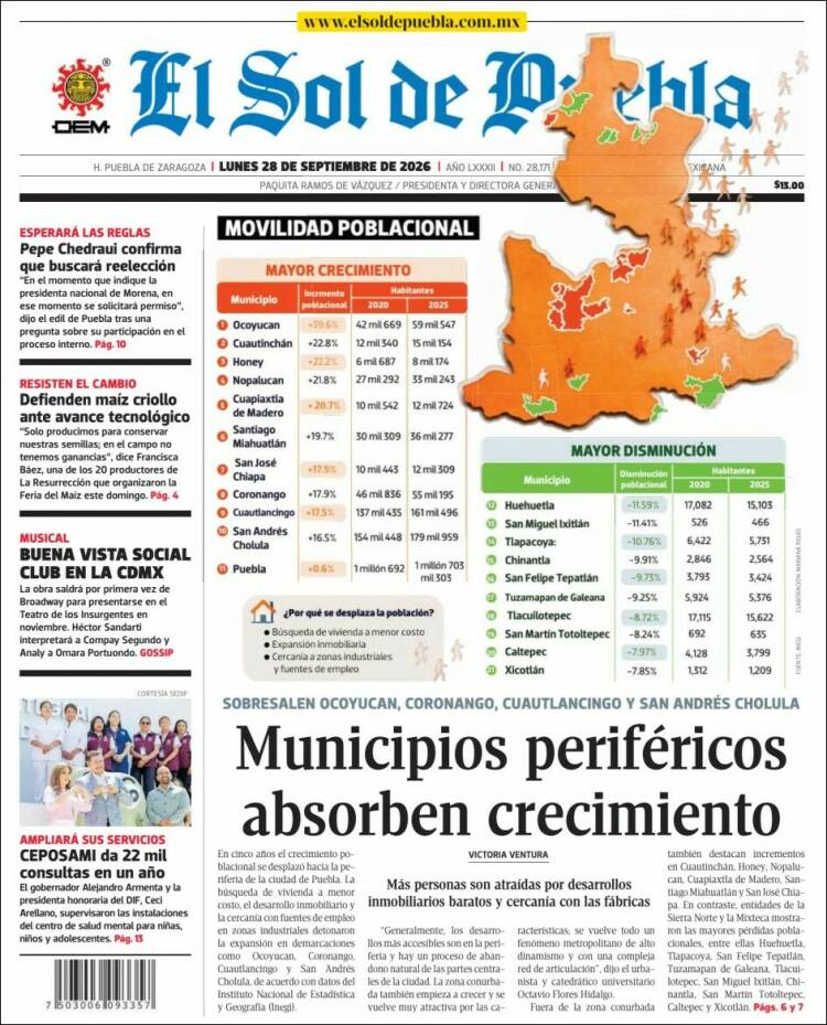Portada de El Sol de Puebla (M&eacute;xico)