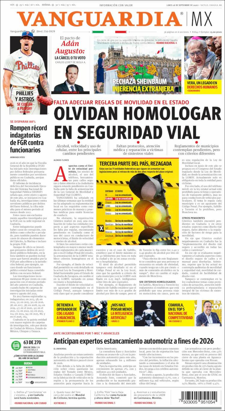 Portada de Vanguardia (M&eacute;xico)