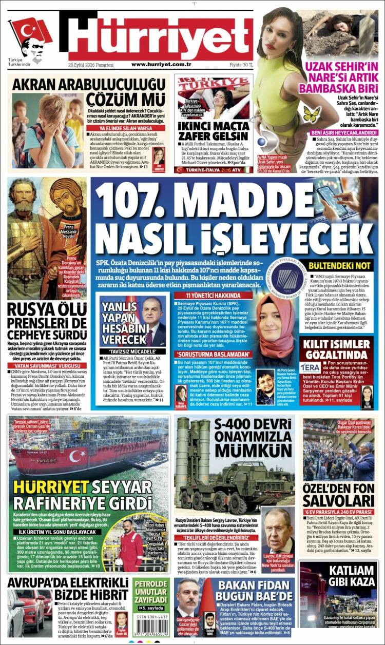 Portada de Hürriyet (Turqu&iacute;a)