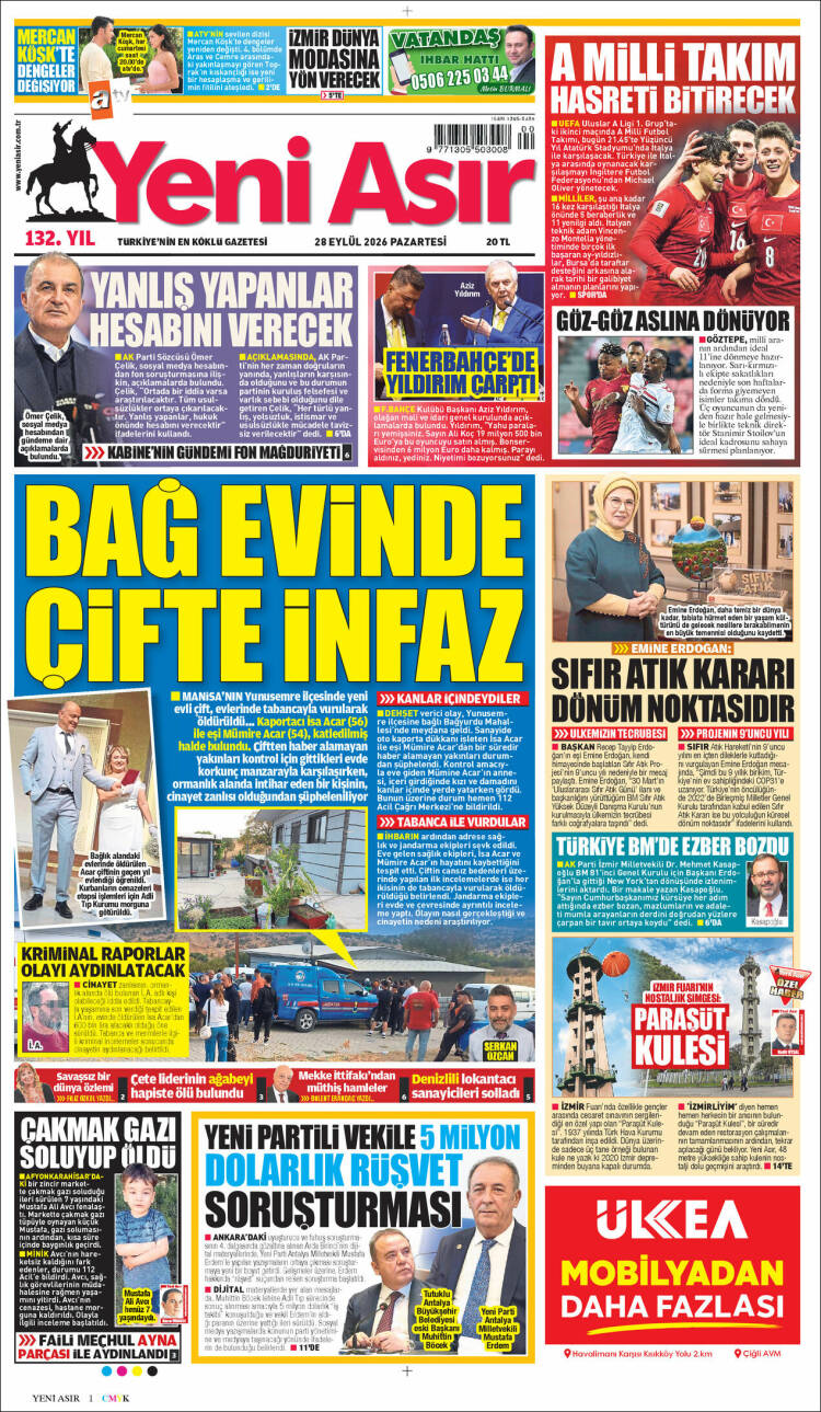 Portada de Yeni Asır (Turqu&iacute;a)
