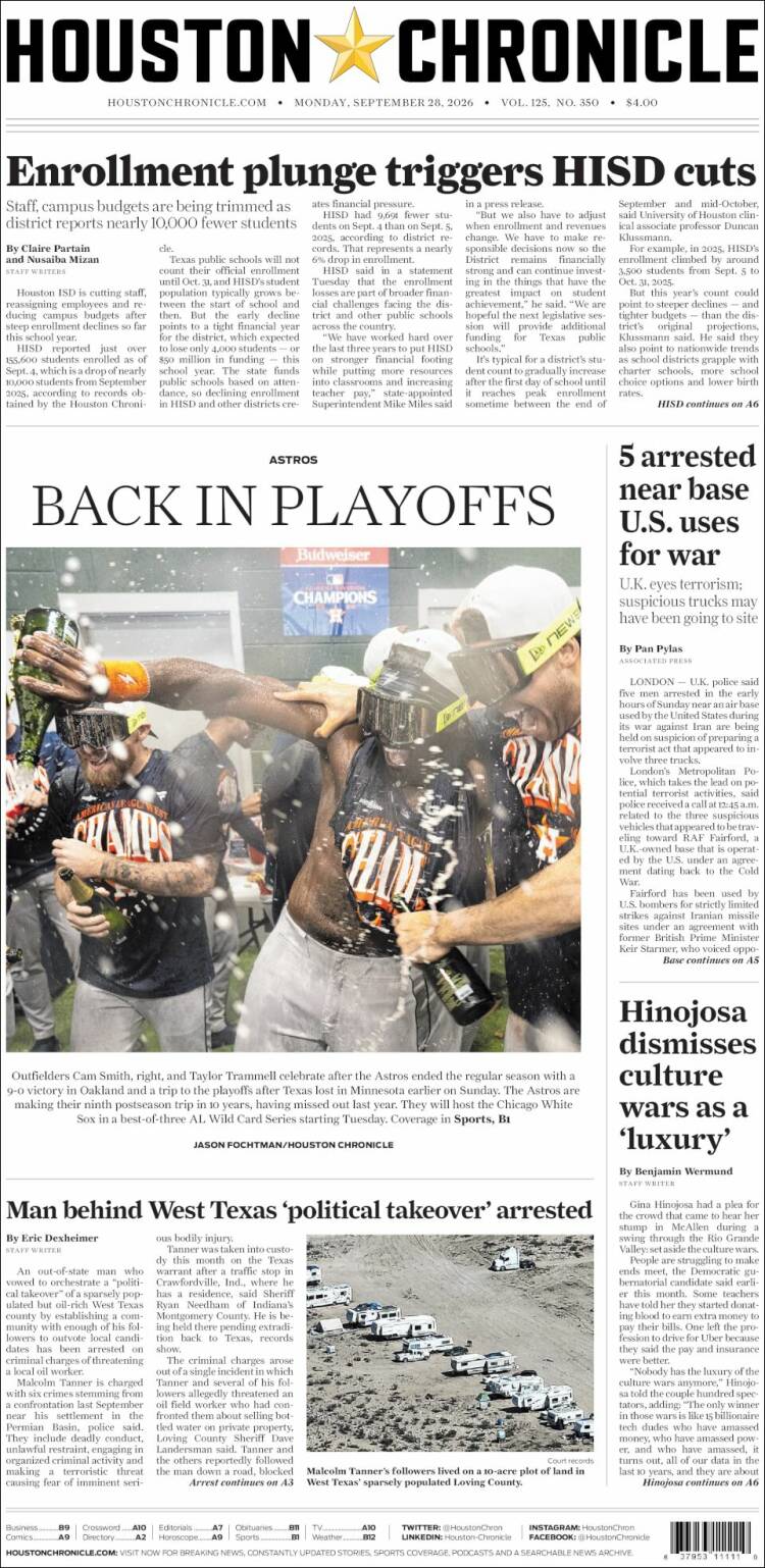 Portada de Houston Chronicle (USA)