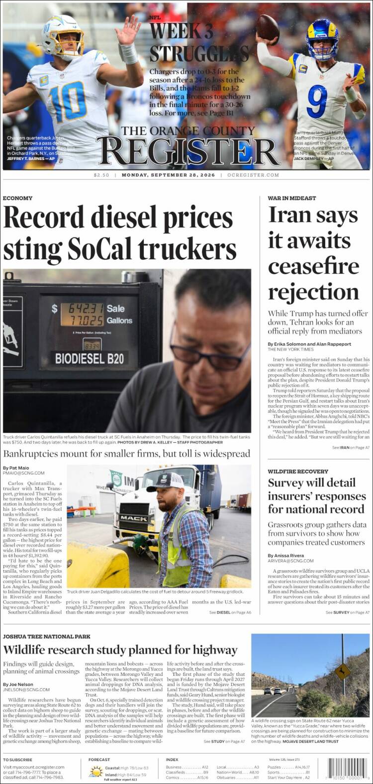 Portada de The Orange County Register (USA)