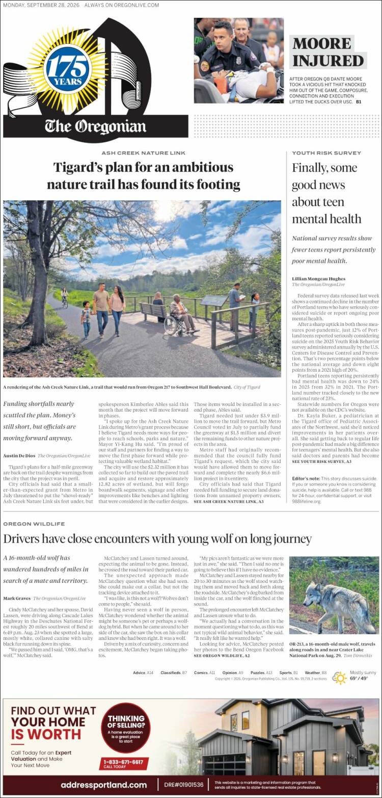 Portada de The Oregonian (USA)